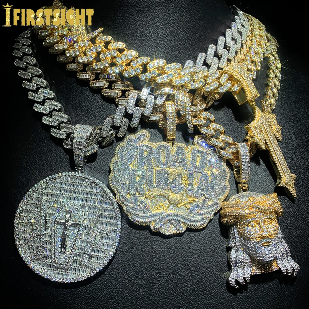 New Luxury CZ Letter Road Runna Pendant Necklace Iced Out Cubic Zirconia Badge Charm With 14MM Cuban Chain Men Hip Hop Jewelry
