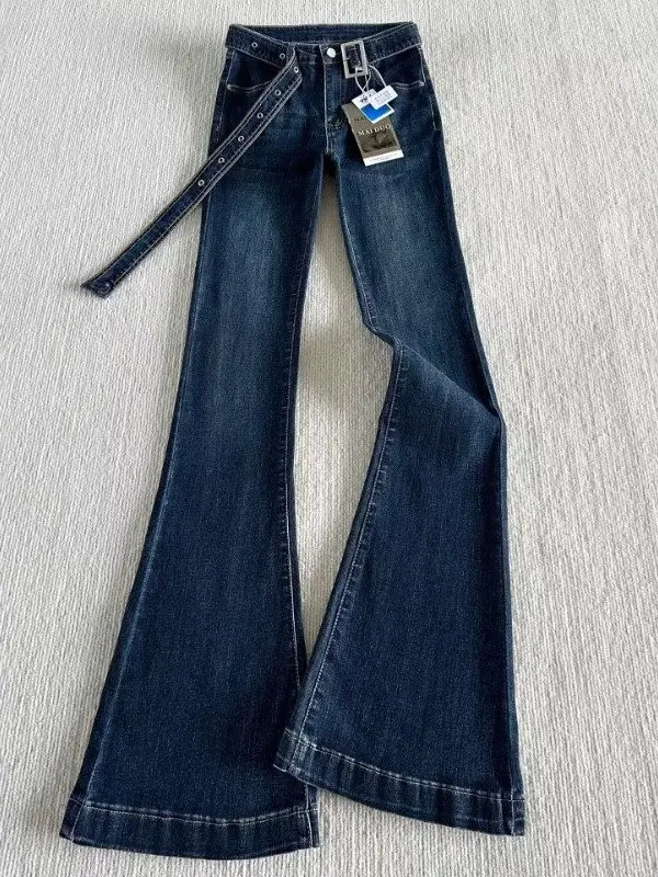 Retro Low Waist Bell Bottom Jeans Women's Slim Fit Sweet And Spicy Girl Korean Style Casual Wear Resistant Deep Blue Denim