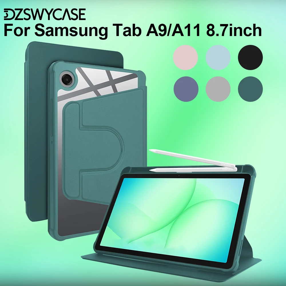 

Вращающийся на 360° чехол для Samsung Galaxy Tab A9/A11, 8,7 дюйма, полупрозрачная задняя защитная тройная подставка, автоматический режим сна/пробуждения