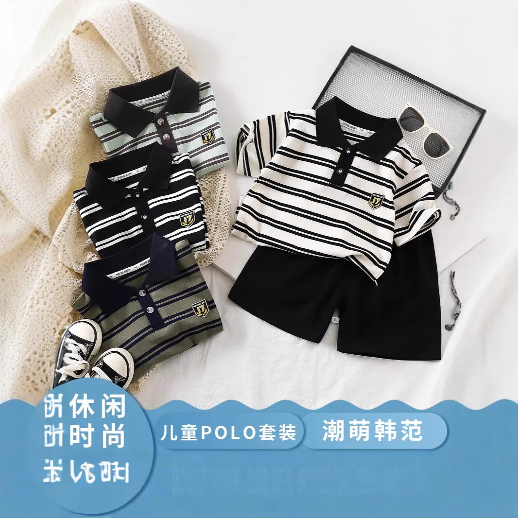 Baby short-sleeved set Thin children's striped set Baby air-conditioned clothes Home pajamas Summer polo shirt set