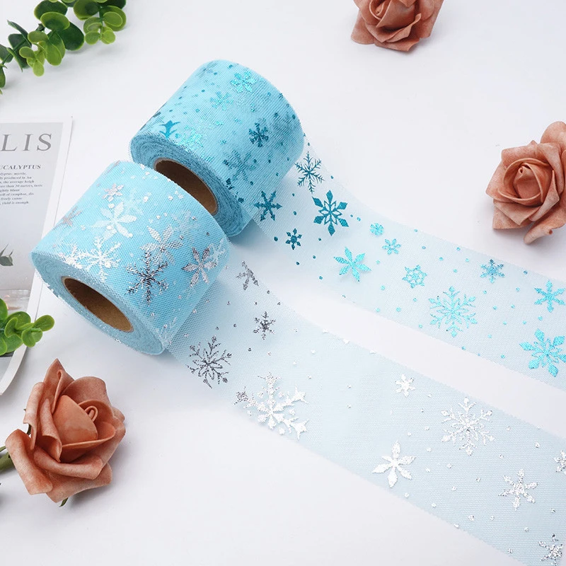 6cm*25yards Organza Blue Snow Flower Tulle Roll Spool Fabric Ribbon DIY Tutu Skirt Gift Craft Party Wedding Party Decoration