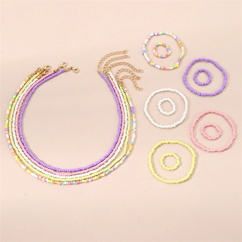 15pcs/set Handmade Boho Bead Jewelry Set – Colorful Necklace, Bracelet & Ring for Everyday Style.