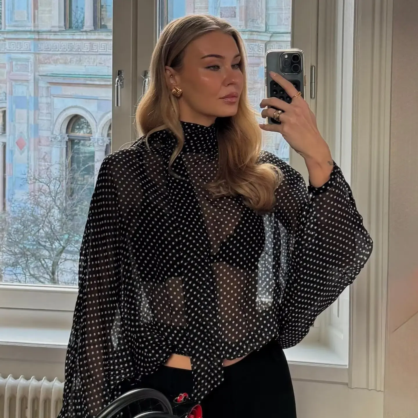 Fashionable Polka Dot Bow Tie Shirt And Half Skirt Set for Women High Waist Long Sleeve Summer Autumn Spring Collection