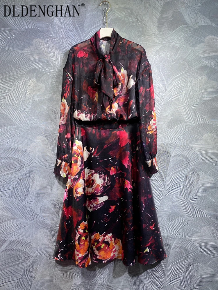 

DLDENGHAN Spring Flower Print Suit Women Lace-Up Collar Single Breasted Shirt + Skirt 2 Pieces Set Fashion New