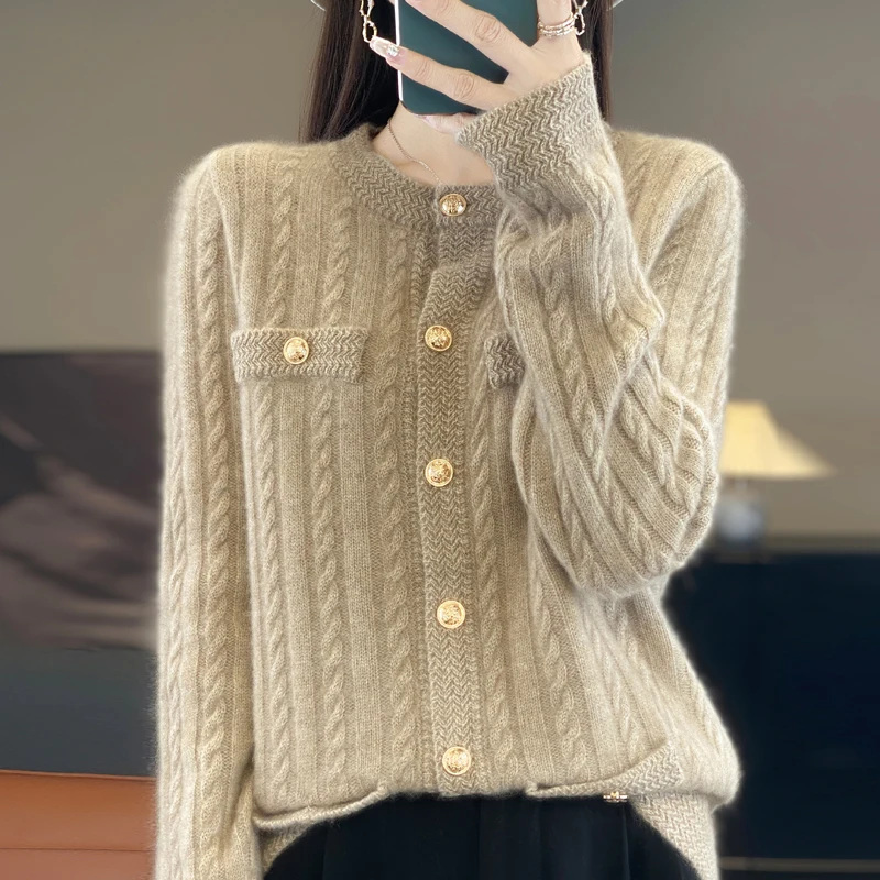 Women's warm autumn and winter thick 100% Merino wool knitted sweater button cardigan casual loose round neck knitted top