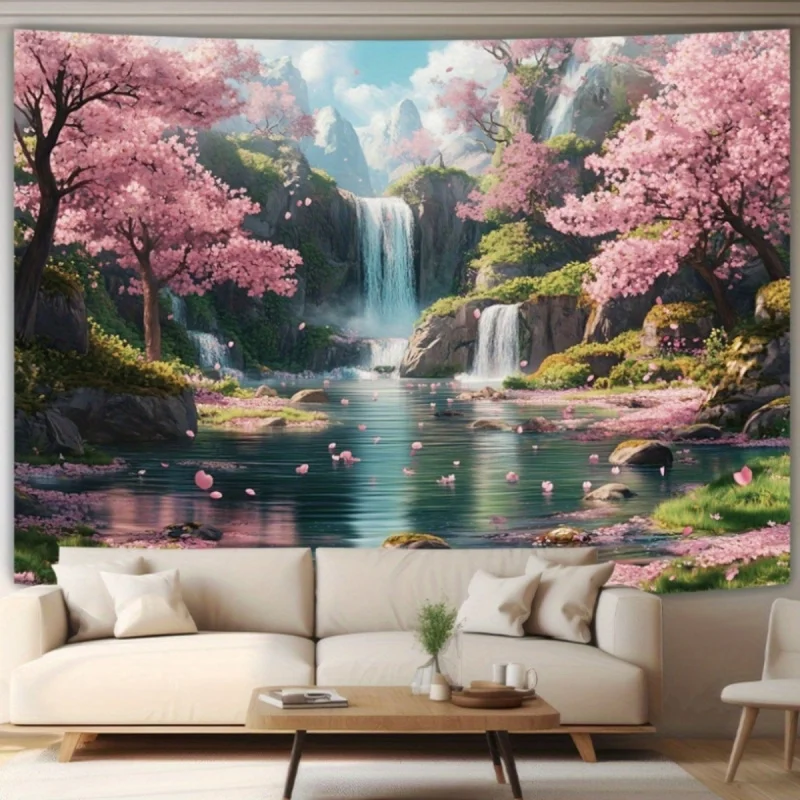 Japanischer Kirschblütenbaum und Wasserfall Wandbehang Wohnzimmer Schlafzimmer Büro Wandlandschaft Wandteppich Heimdekoration