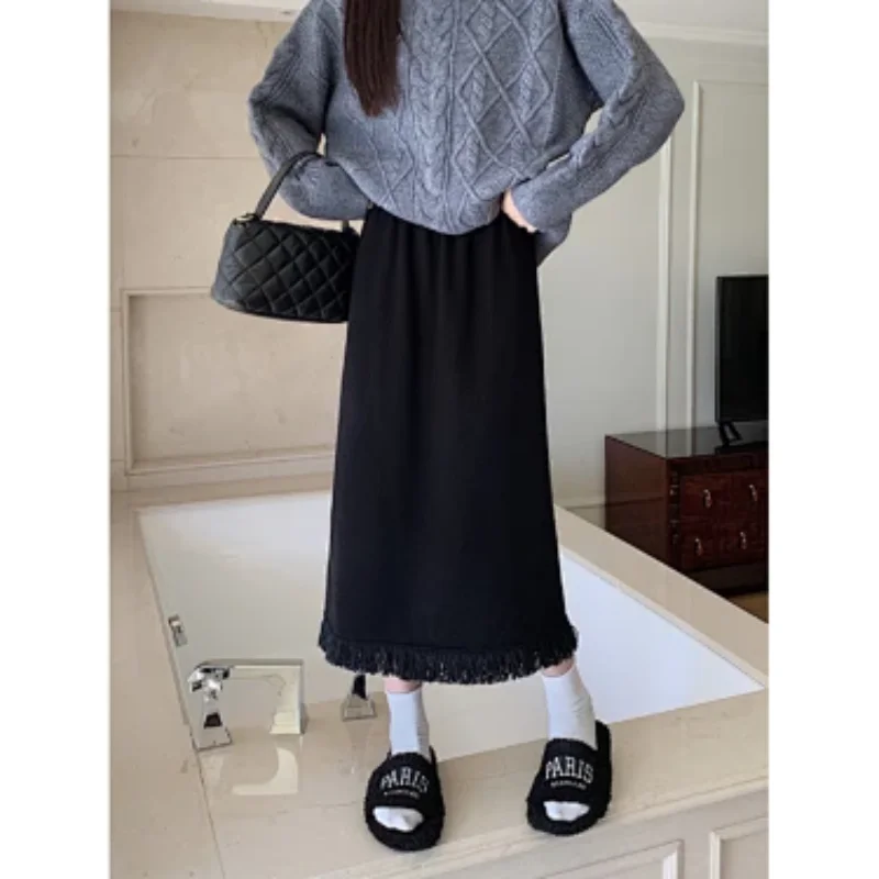 Women Fleece Lined Tassel Design Midi Skirt Petite Size High Waist Slim Straight Split A Line Skirt Autumn Winter Casual Bottoms