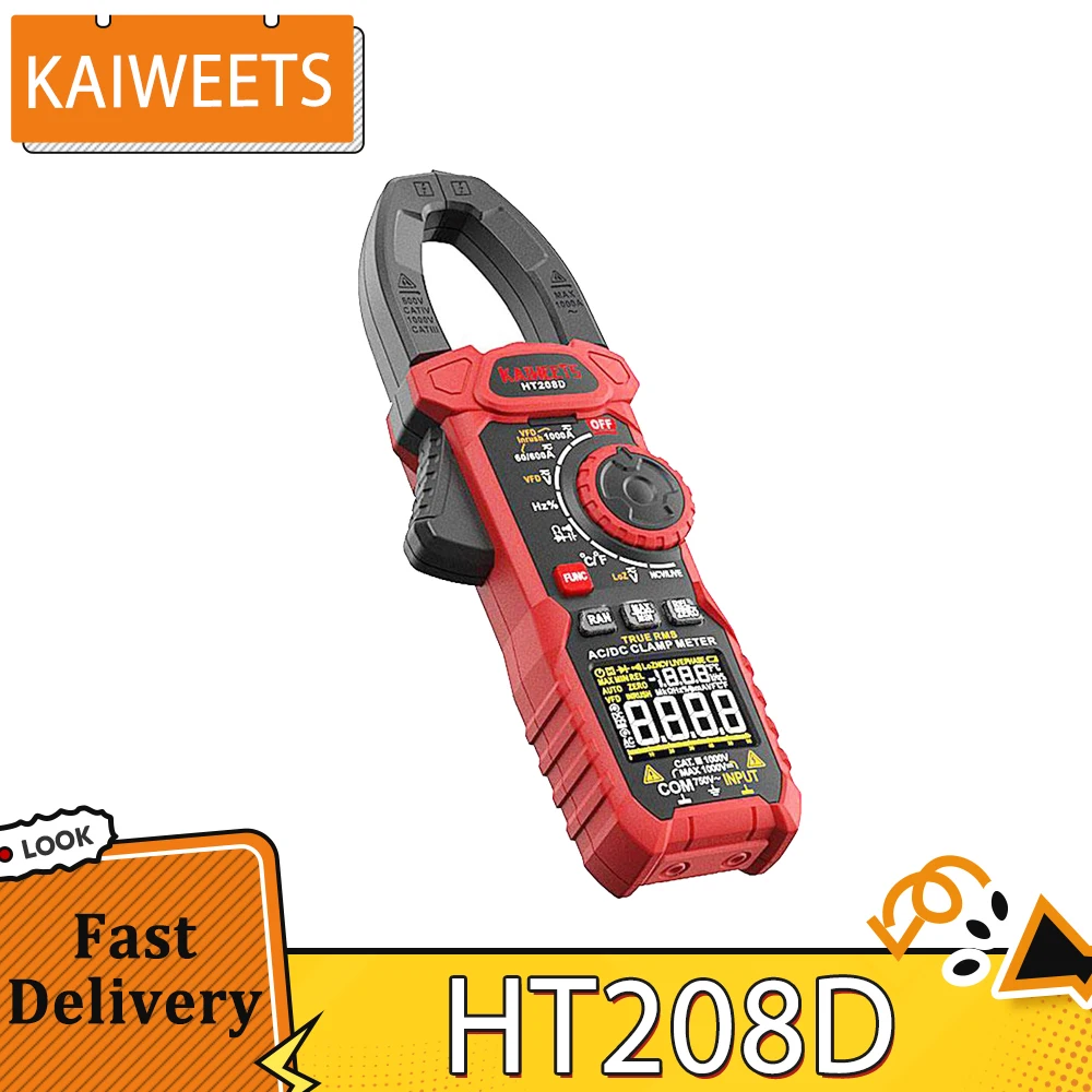 KAIWEETS HT208D Pinza amperometrica INRUSH 1000 Amp Corrente CA/CC 1000 V Tensione CA/CC Sensore NCV GFCI Tester prese elettriche