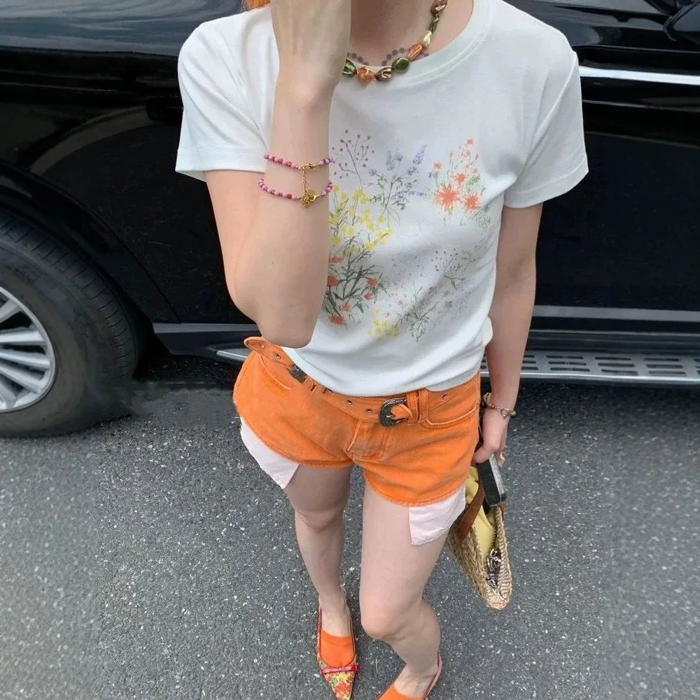 Summer 2026 Orange Spice Girls Denim Shorts High Waist Pocket A-Word Hot Pants Shorts for Women