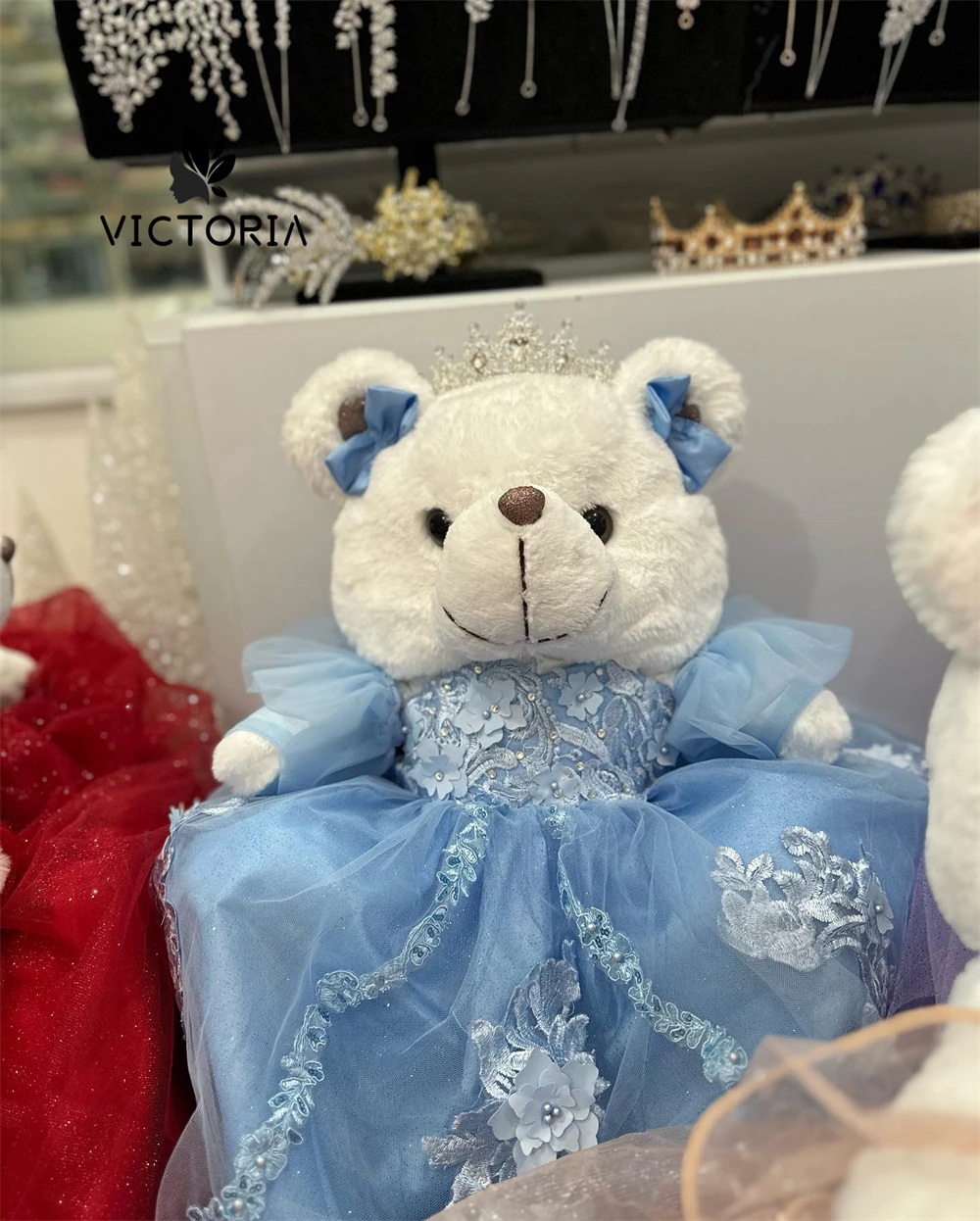 

nice Blue Lace Appliques Tulle Personalized Quinceanera Teddy Bear Dress Doll Dress Sweetheart Lace Appliques Crystals Beads