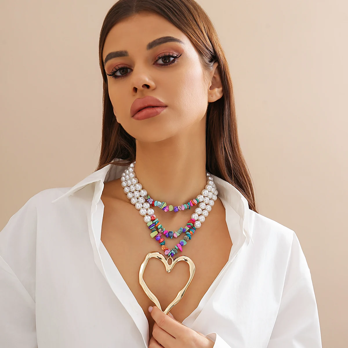 IngeSight.Z Exaggerated Multi-layer Imitation Pearl Large Peach Heart Pendant Necklace Women Bohemian Colored Stone Choker Neck