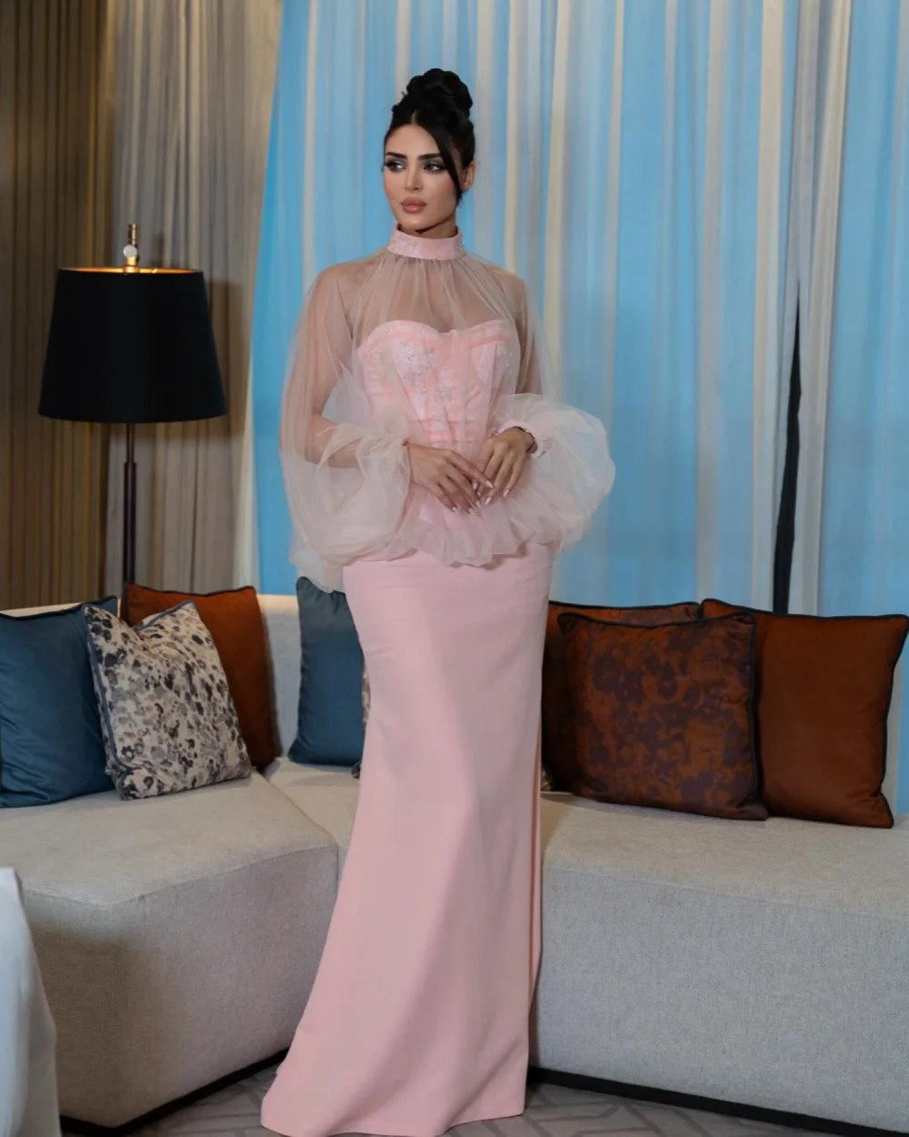 

Customized High Quality Women Jersey Sequined Beading Straight Evening Dresses Matching High Collar Long Sleeves Prom Dresses