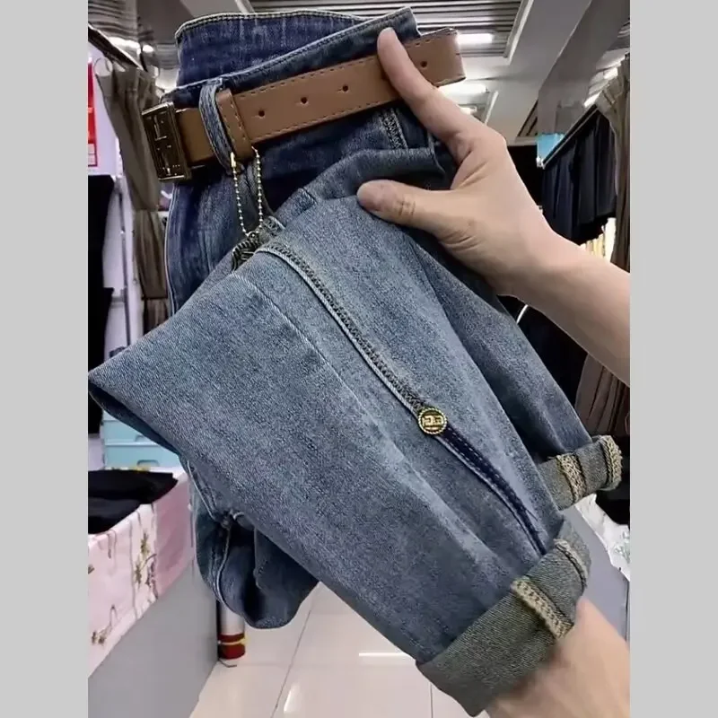 المألوف عالية الخصر مطاطا الدينيم الجينز المرأة فضفاضة نمط الرجعية رصاصة صغيرة سليم هارلان السراويل منتصف الخصر سستة الديكور