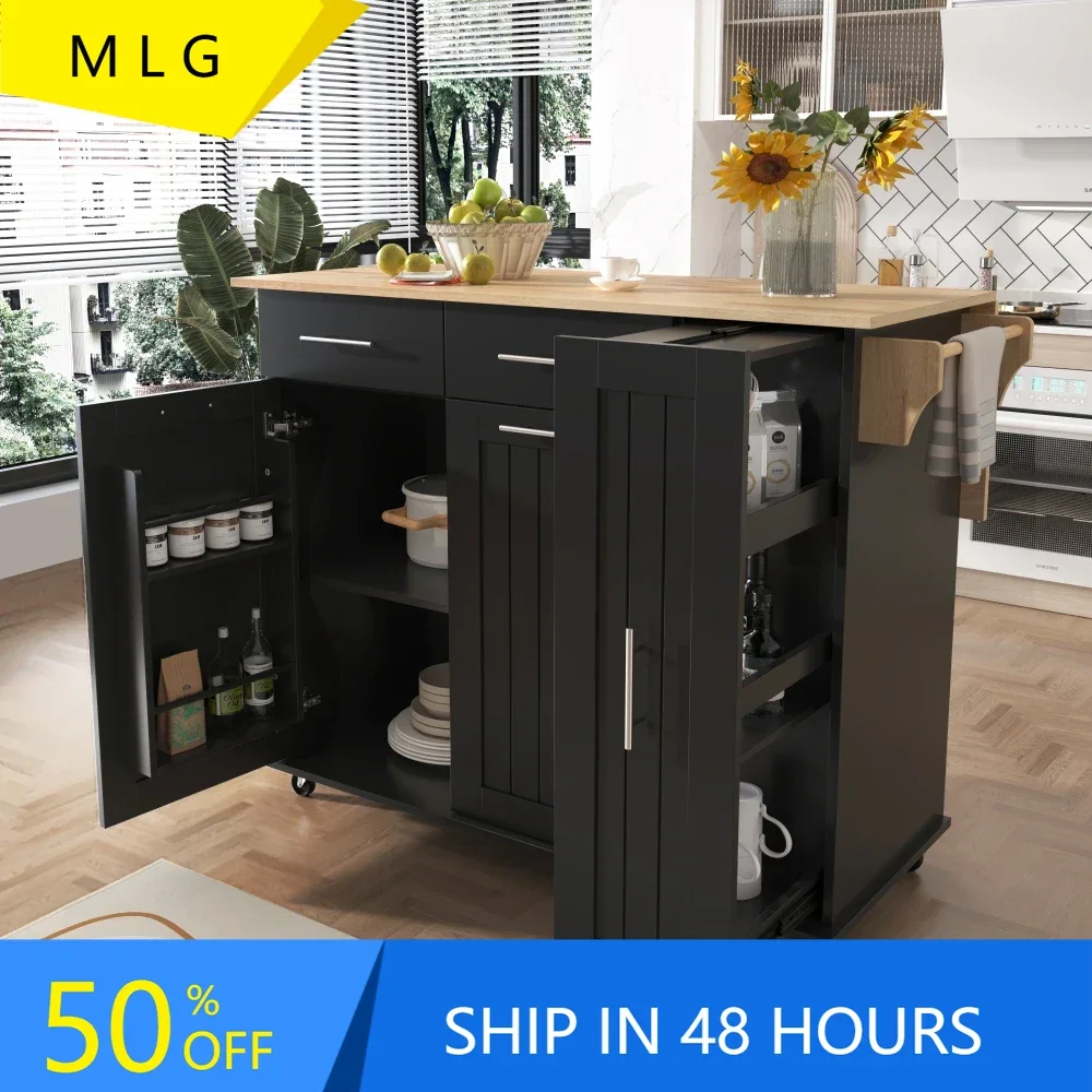 

Kitchen Island on Wheels with Drop Leaf, Rolling Kitchen Cart with 3 Tier Pull Out Cabinet Organizer and 2 Drawers,White