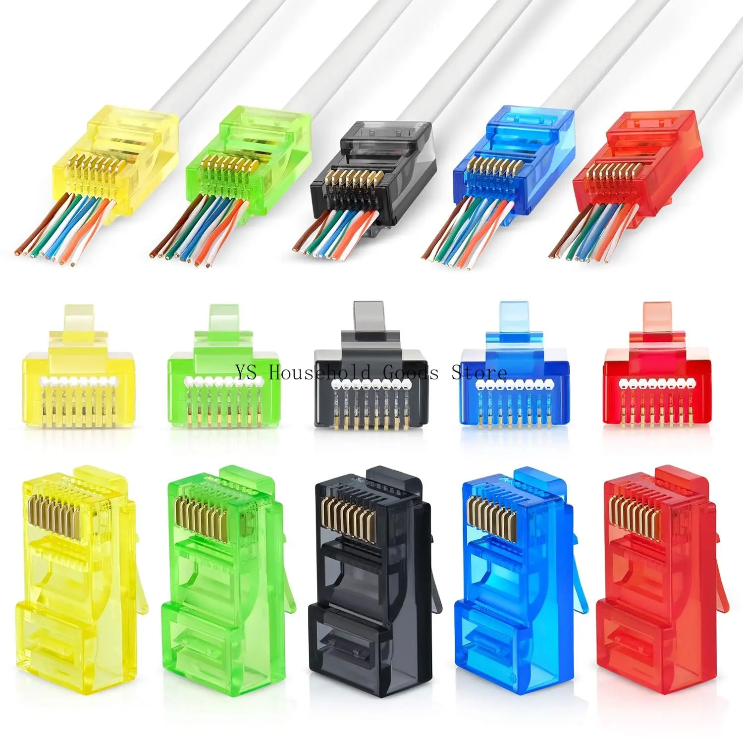 50 Conectores RJ45 Cat6 Pass Through, Cores Sortidas, Plugue Modular Fácil de Crimpar para Cabo de Rede UTP Sólido ou Trançado