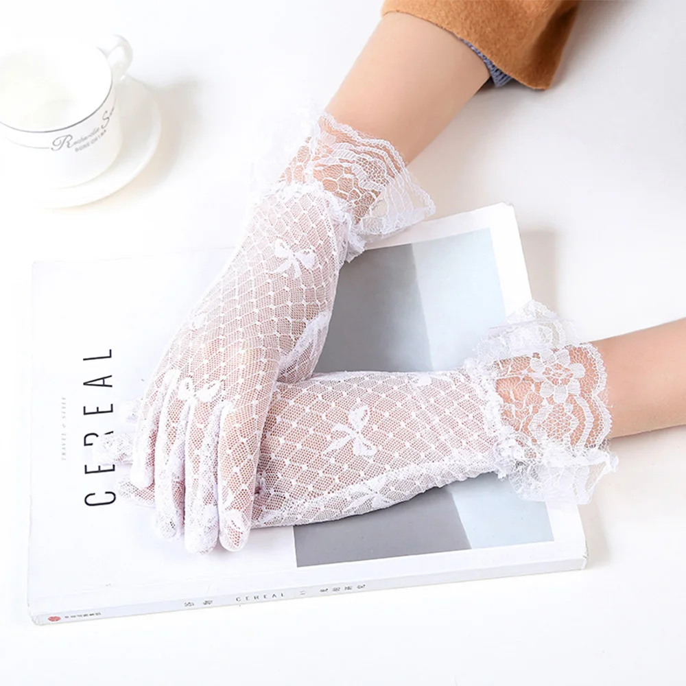 

Summer Gothic Short Driving Lace Bow Black White Lace Gloves Tulle Mittens Mesh Gloves Bridal Gloves
