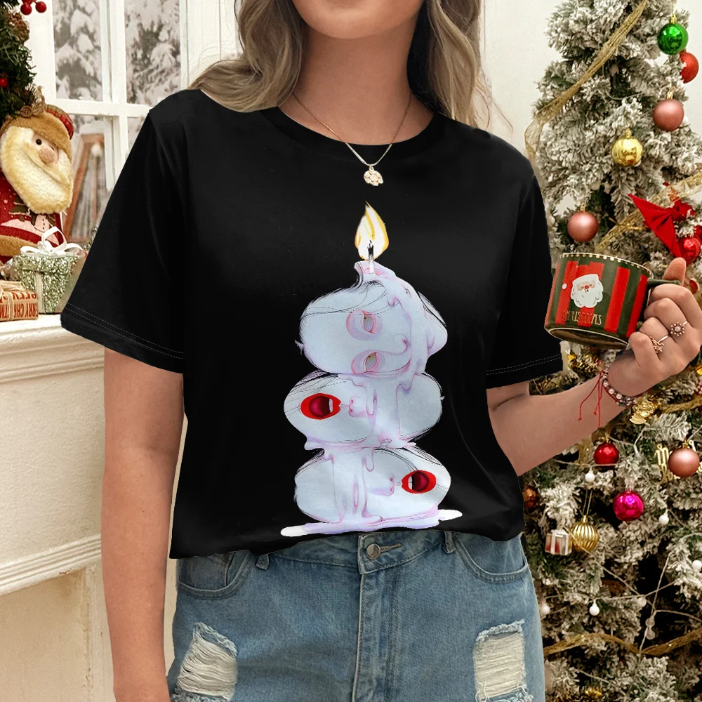 

Women's Black T-Shirt With Dynamic Flaming Cartoon Design Casual Summer Style Round Neck Short Sleeve Top For Daily Wear Y2K