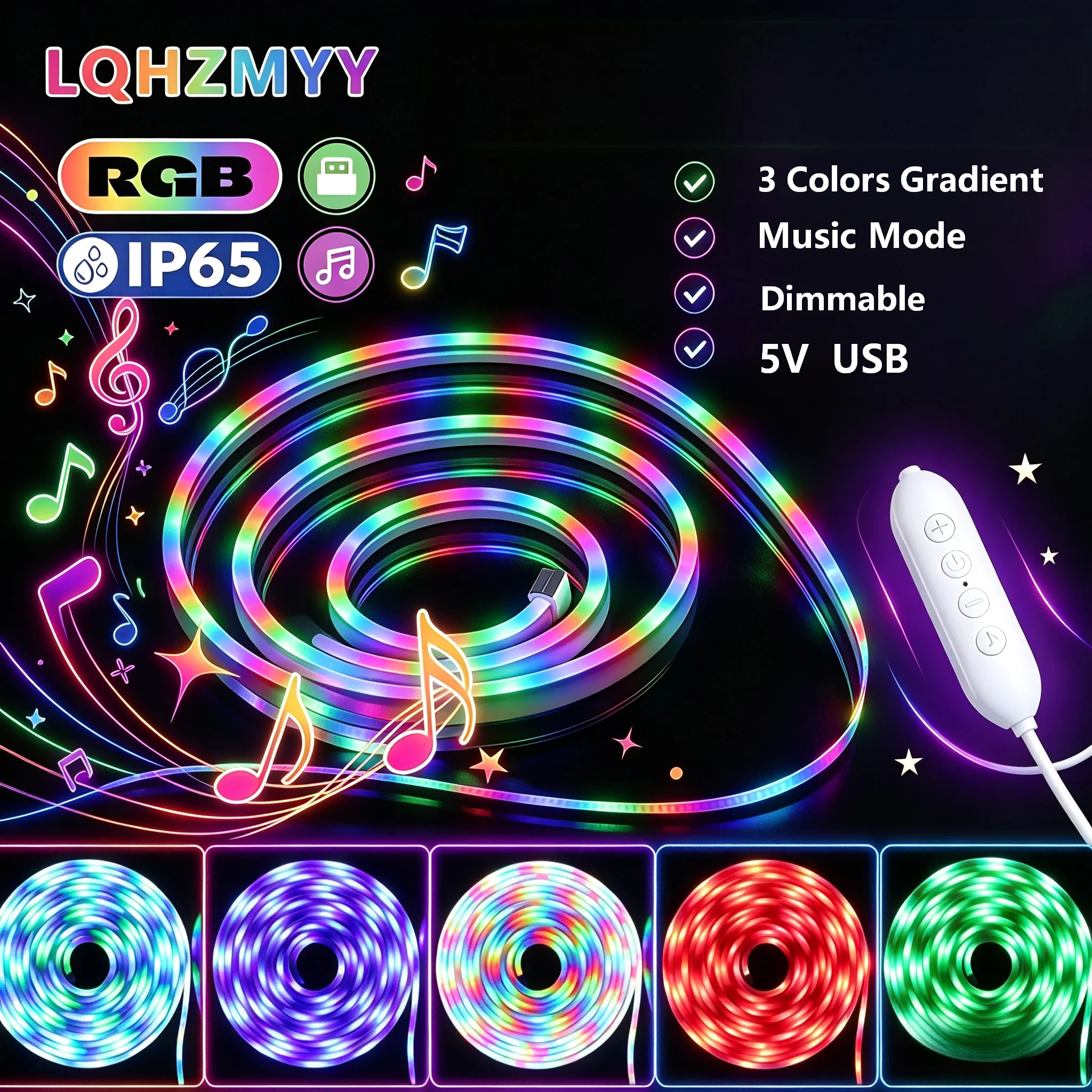 Music-Synchronized 3-Color Led Neon Light, Adjustable Light Brightness, Switchable Light Modes, Three-Color Gradient Cool Neon Light, Can Be Cut and Bent for DIY Designs, Suitable for Homes, Tvs, Computers, Music Festi