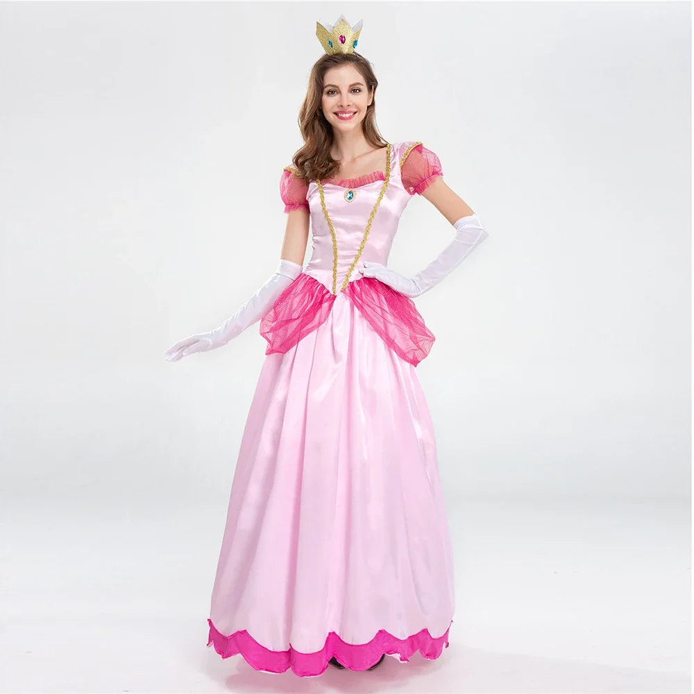 

Adult Super Luigi Brother Costume Pink Sweet Princess Peach Cosplay Costume For Halloween Carnival Party Fantasia Fancy Dress