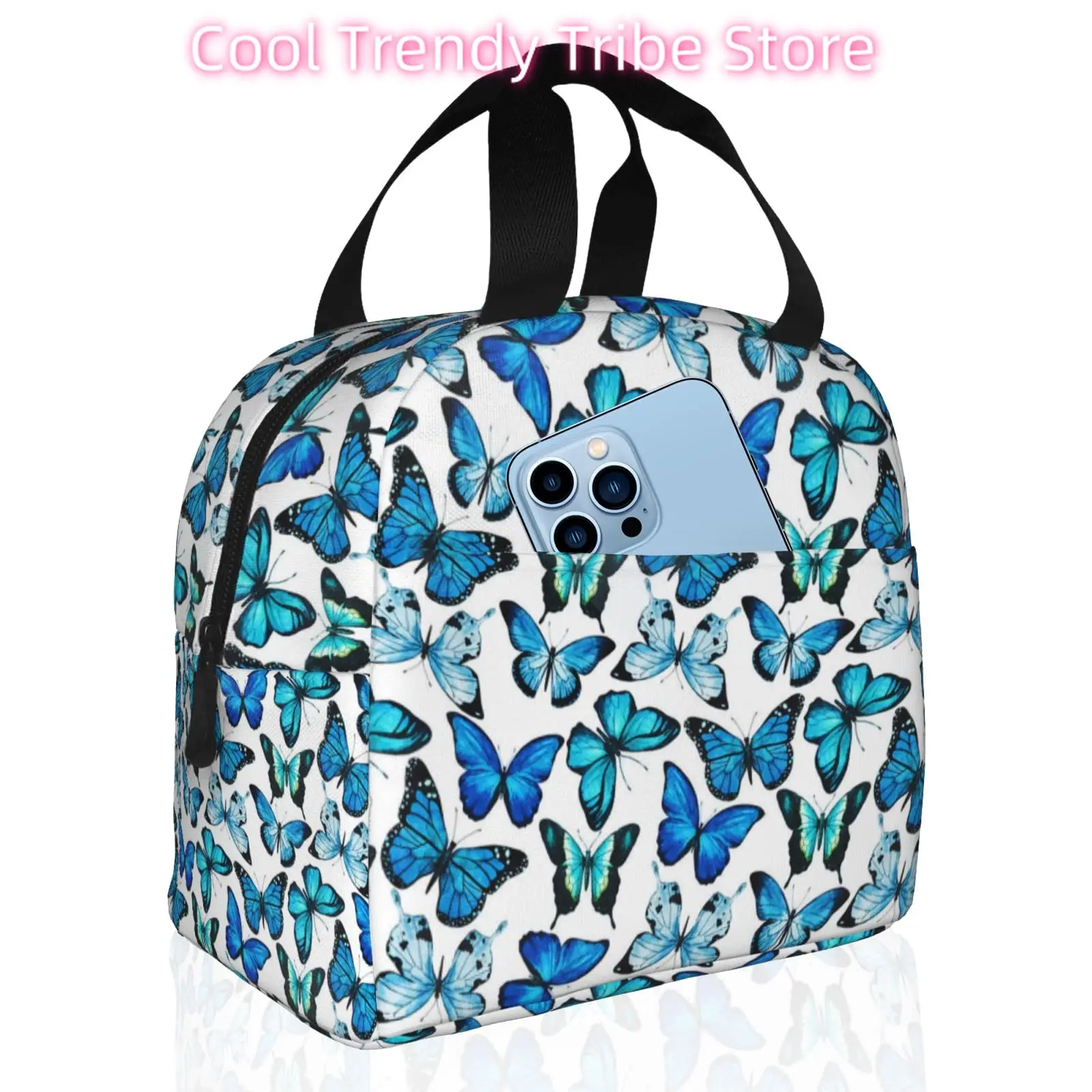 Insulated Lunch Bag Box For Women With Blue Butterfly Print Cooler Thermal Waterproof Reusable Tote Bag With Big Pocket For Work