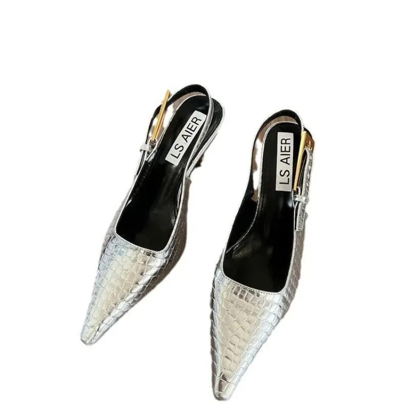 Sexy Silver High Heel Shoes for Women 2024 New Leather Summer Pumps Woman Thin Heels Slingback Shoe Pointed Pumps Traf