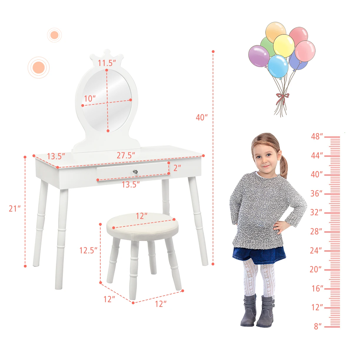 Kids Vanity Makeup Table & Chair Set Make Up Stool Play Set for Children White