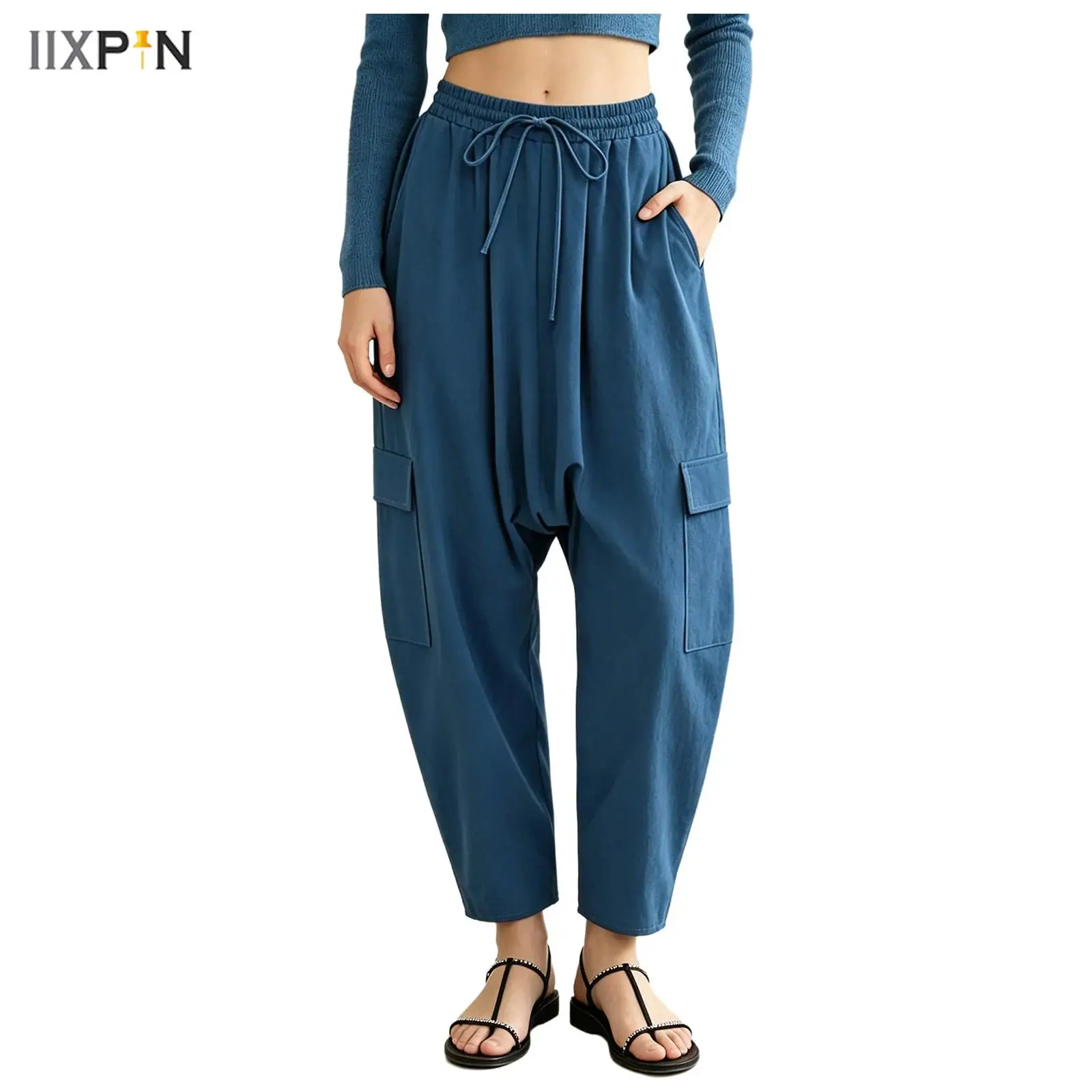 Womens Cargo Palazzo Harem Pants Cotton Drop Crotch Multi-pocket Drawstring Elastic Waistband Baggy Pants Pirate Trousers Pants