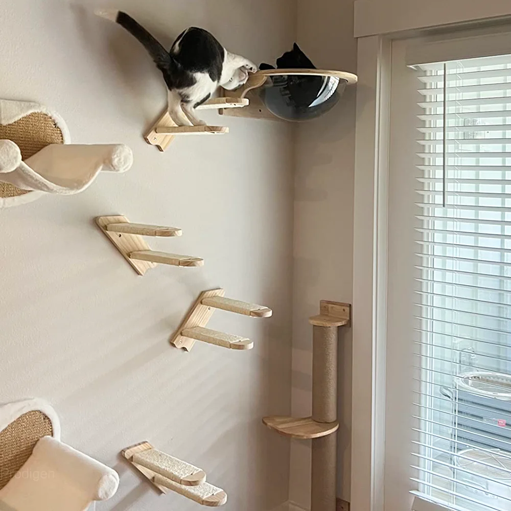 Cat Tree Wall Mounted Cat Climbing Wood Shelves Cat Jumping Platform or Hammock with Stairway for Kitten Playground Furniture