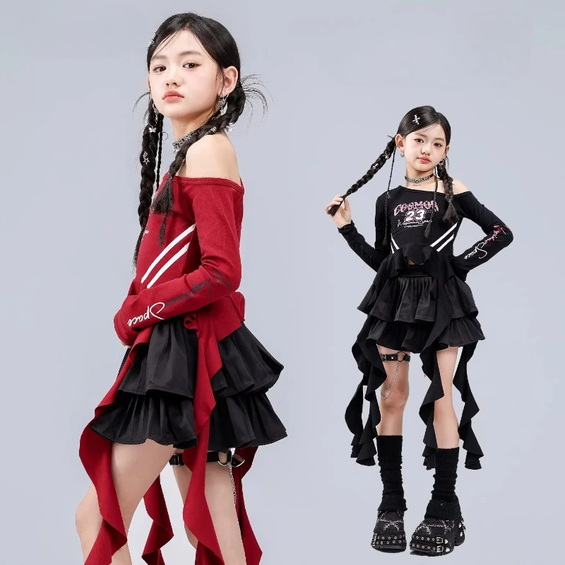 

New Girls Hip Hop Off Shoulder Crop Top ‌Black Skirts Cool Streetwear Group Stage Performance Costumes K-pop Dance Clothes Sets