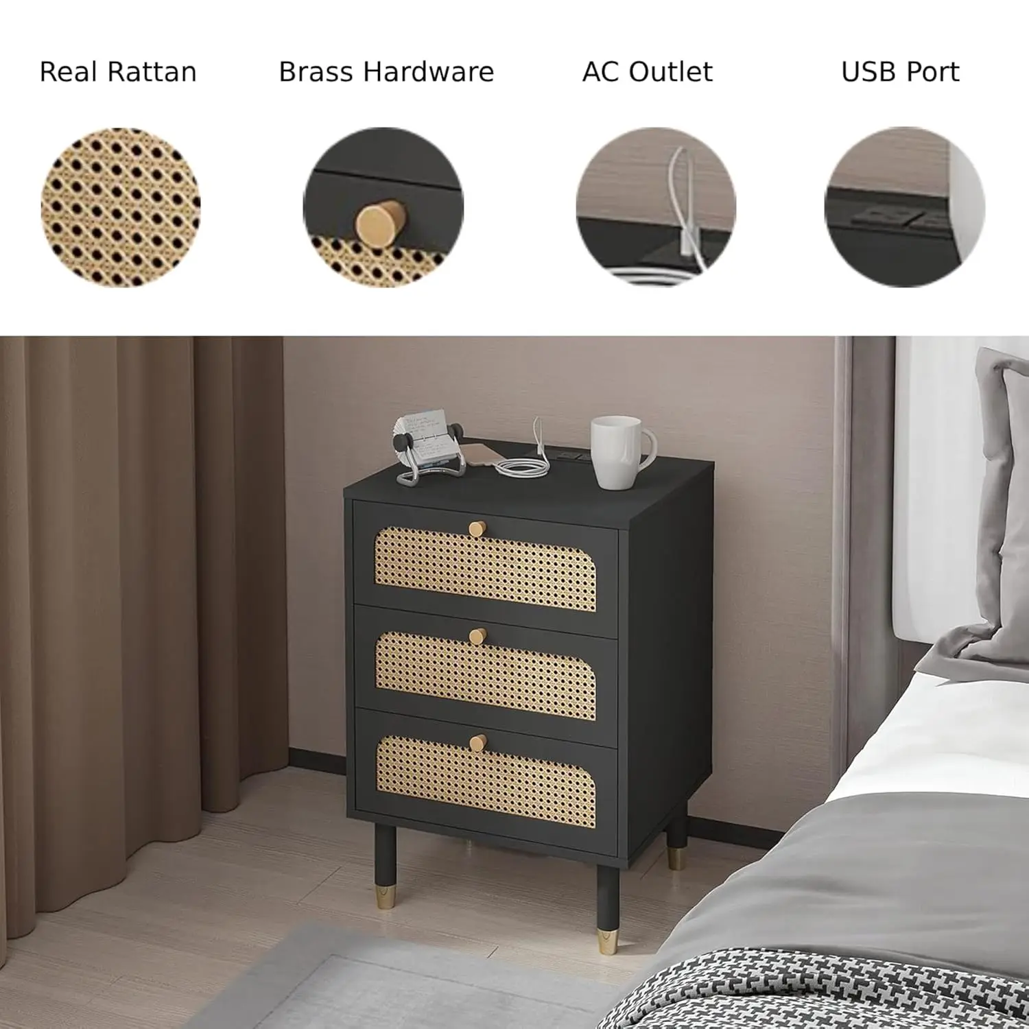 Black Rattan Nightstand Set 4