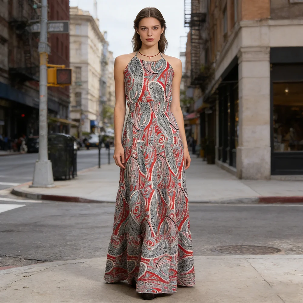 Damen Paisley-Print Neckholder Maxikleid, Sommer 2026 Ärmelloses Hochgeschnittenes Mehrlagiges Fließendes Langes Kleid für Streetwear