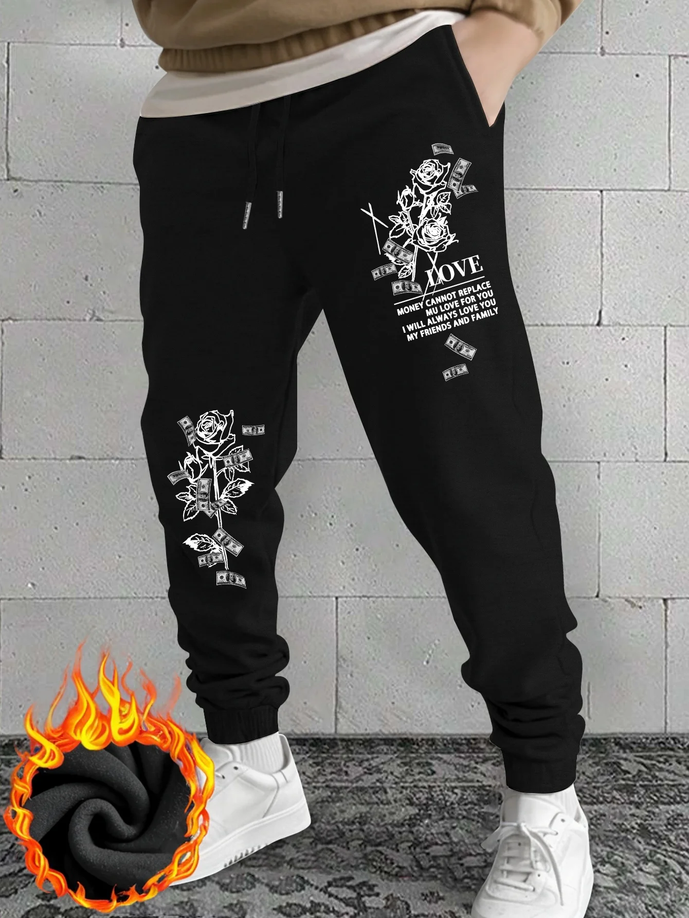 Romance‑trendy Rose Cash Love Slogan Graphic Print Stylish Tapered Sweatpants Men Hip Hop Sports Jogger Trousers
