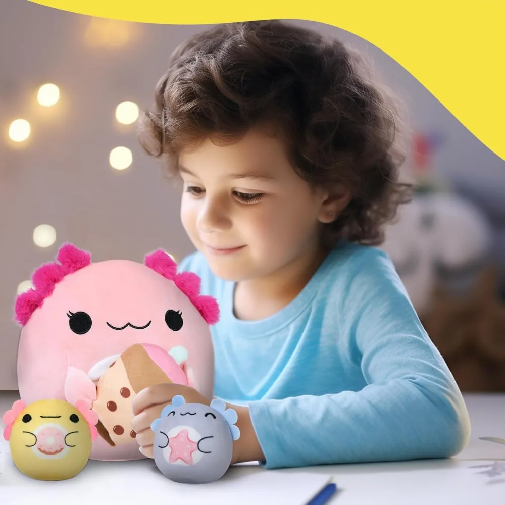 Peluche AMK Mother Axolotl con bebés gemelos, juego de animales de peluche suaves para niños, incluye té con leche, gran regalo de cumpleaños para niños y niñas