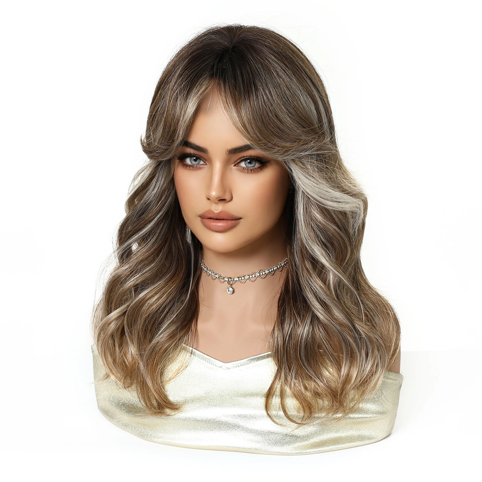يسلط الضوء على شعر مستعار اصطناعي أشقر بني متوسط الطول شعر مستعار مموج مع غرة ثمانية أحرف للنساء شعر مستعار لوليتا اليومي #3
