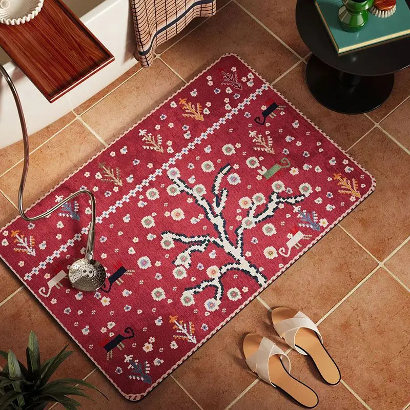 VIKAMA Bath Mat Cartoon Cat Mouse Paw Print Checkered Pattern Non‑Slip Absorbent Floor Mat for Bathroom Home Decor