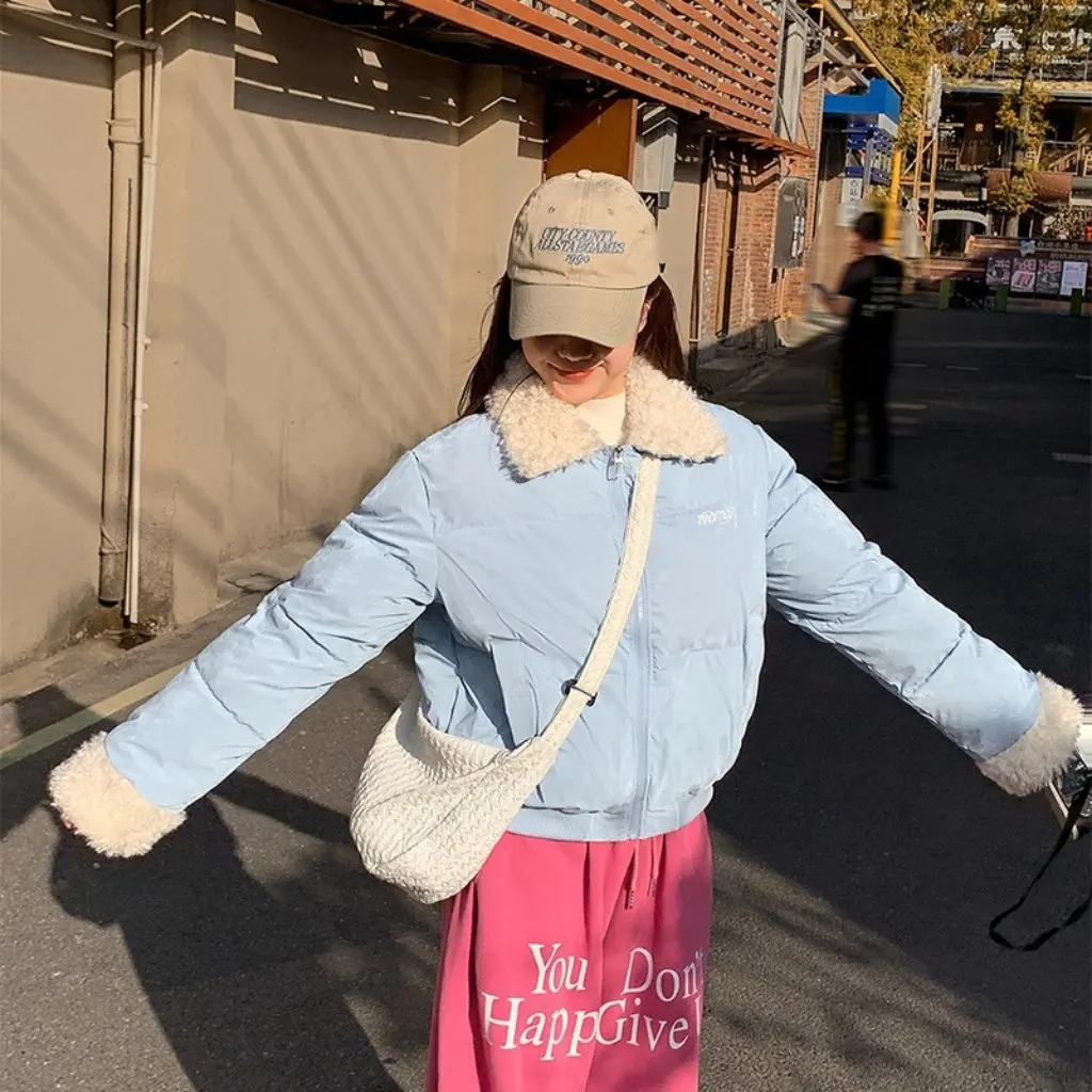 

Lamb Fur Collar Short Cotton Jacket Women's Winter Fashion Student Outerwear American Style Bread Coat Retro New Arrival