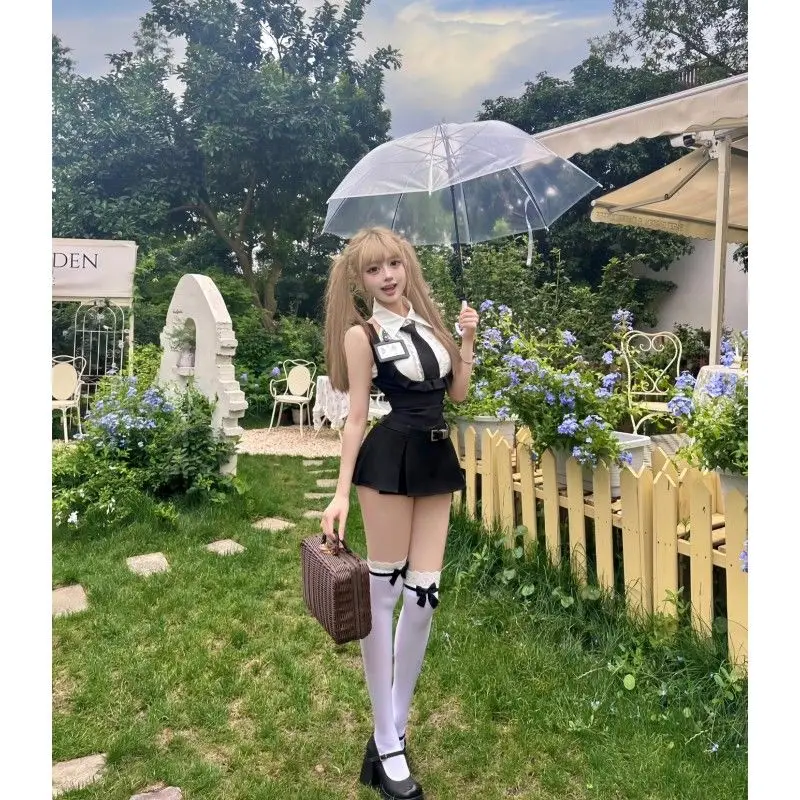 Pure Desire Style Hot Girl Uniform College Leuke Kraag Mouwloos Shirt Hoge Taille Jarretelrokje Sexy Pak