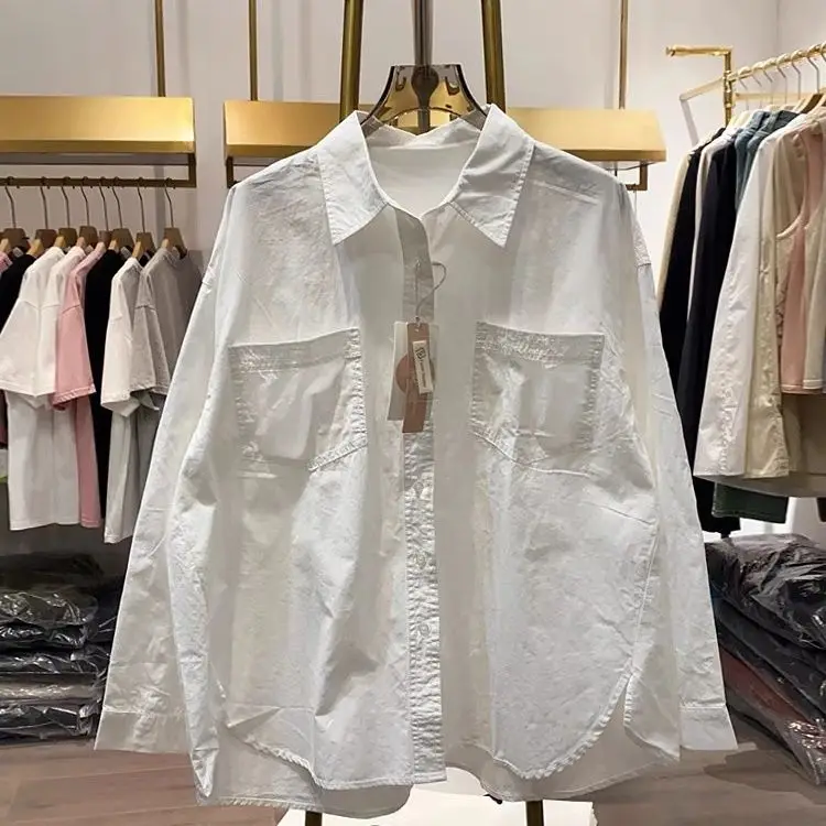 

Хлопковая рубашка, женская весна/лето 2025, новый стиль, свободная повседневная белая рубашка с длинными рукавами, женский топ