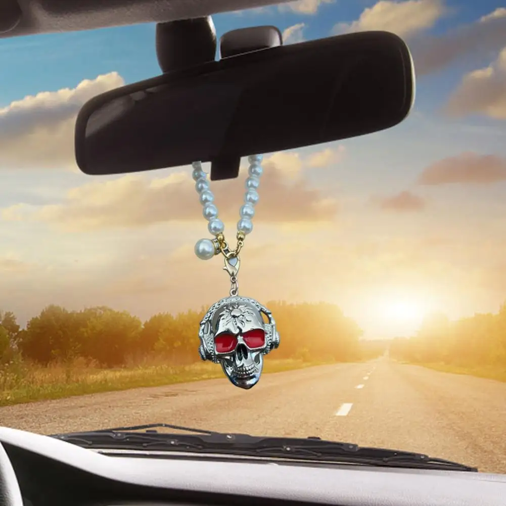 Skull Car Mirror Hanging Ornament Black White Car Decor Skull Car Hanging Ornament Faux Pearl Chain Auto Rear View for Men view 4