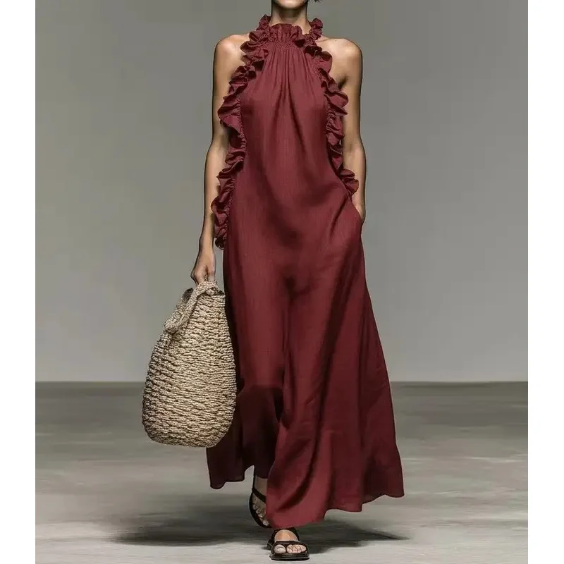 Elegant Ruffle Halter Maxi Dress Summer Elegant Sleeveless SundressHarajuku  Beach Party Evening Vestidos