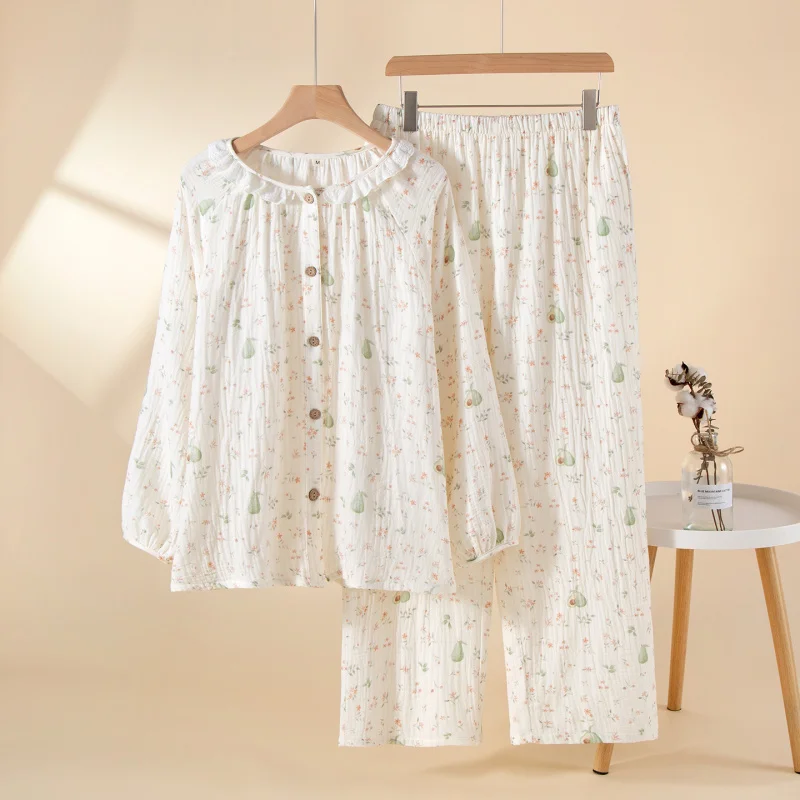 

2pcs Women's Pajama Set Casual Elegant Style Bamboo Cotton Yarn Fabric Lace Trim Crew Neck Long Sleeve Lightweight Loose Loungew