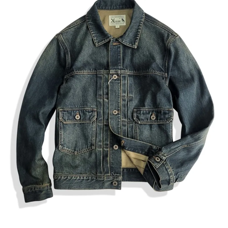 Amekaji pakaian pria dicuci klasik ketat Retro katun jaket Denim mantel nostalgia kasual kualitas bagus