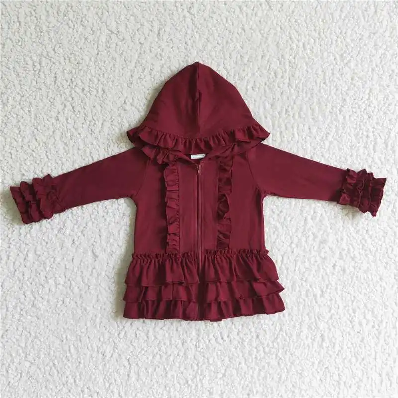 GT0014 Fashionable And Good-Looking  Girls Clothes Long Sleeve Top Burgundy Hooded Zipper Print With  Children Clothes