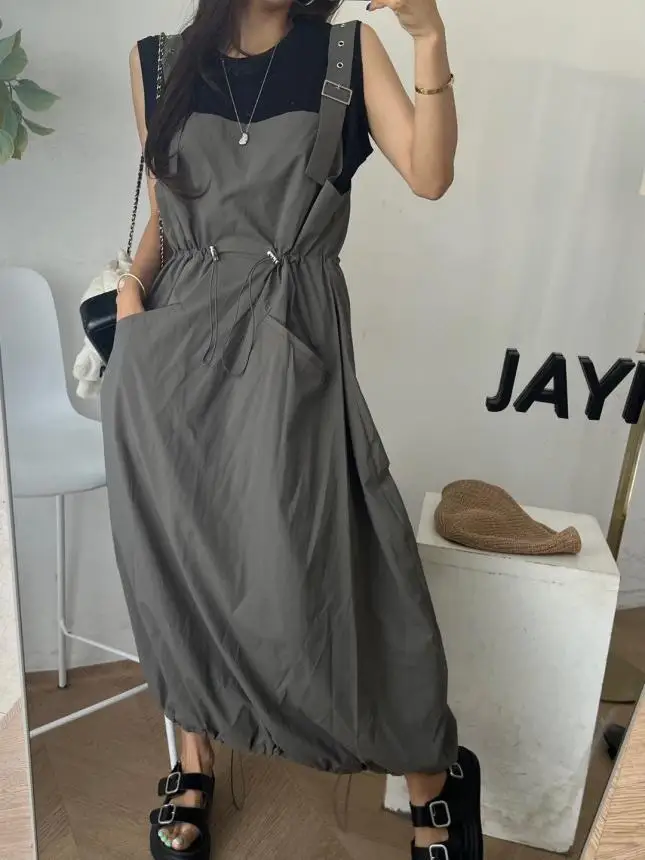 Adjustable Strap Dress Women's Vintage Loose Drawstring Waist Slimming Pocket Gathered Hem Flower Long Dress