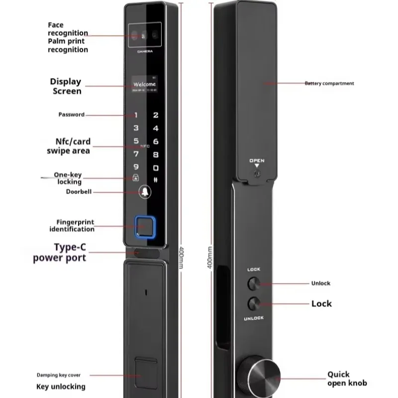 [2026]IPX6 Level Deep Waterproof Smart Keyless Entrys APP Management Palm Vein/3D Face Recognition Narrow Door Frame Installatio