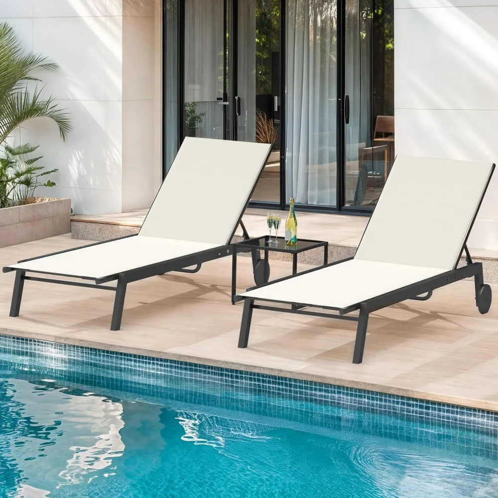 

Outdoor Chaise Lounge Set, 2 Patio Chaise Lounge Chairs with Side Table, Textile Pool Loungers with 5-Level Backrest and Wheels