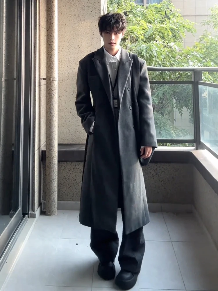 

ay Woolen Coat Cthulhu Civilian Woolen Men's Long Coat Winter Thiened Faionable Urban Sle Double Breasted Long Sve