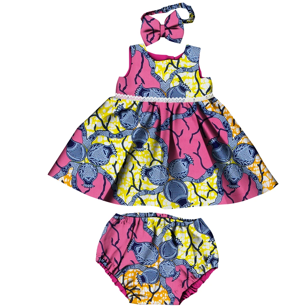 

3pcs Set African Kids Gril Dashiki Dress Short Pant and Headtie Suits Africa Print Party Dresses Children Summer Clothes WYT778