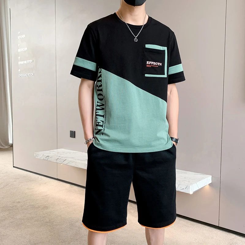 Fashion 2024 Summer Two Piece Men's Sets Casual Loose Cotton T-Shirt And Shorts Set Outwear Top Tees&Knee-Length Pant Tracksuits