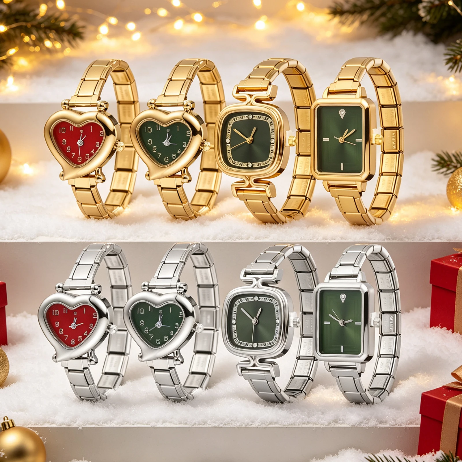 Y2K Green Red Watch Dial 9MM High Quality Stainless Steel Square Heart Watch Bracelet Jewelry For Men Women's Christmas Gifts